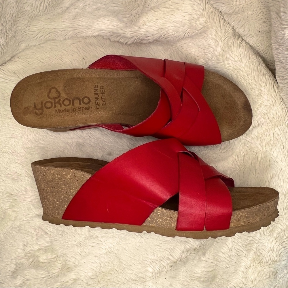 Yokono Spain Candela Red Leather Criss Cross Cork Wedge Slip On Sandals, Sz 9 - Picture 1 of 8
